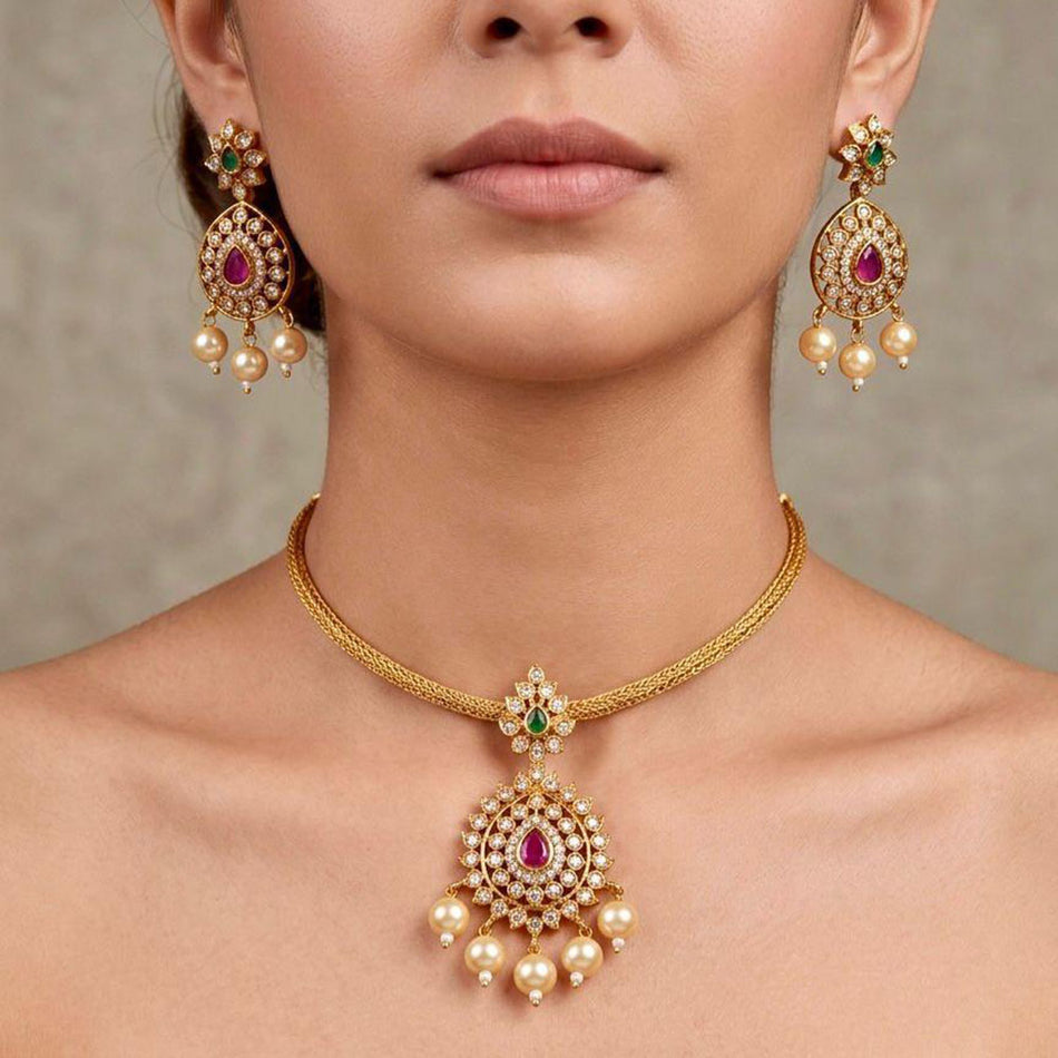Royal Pota Pearl Necklace in Gold Plated Alloy | Bridal Jewellery India