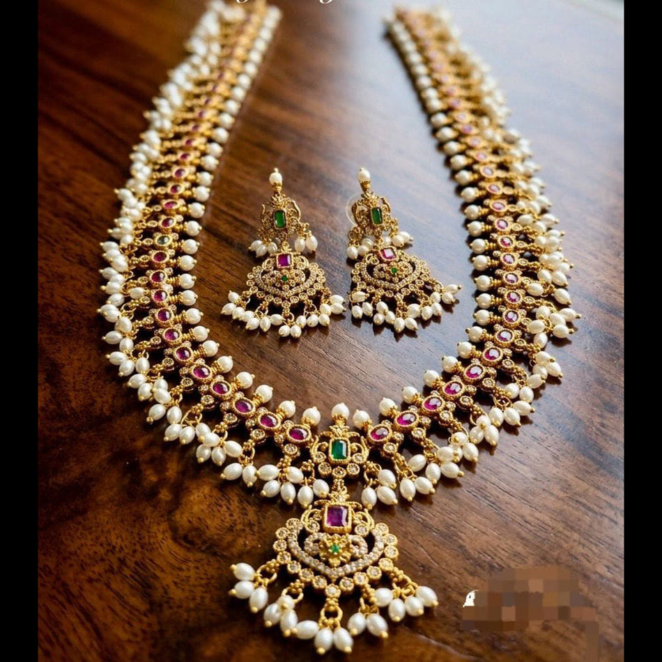 Rose Gold Plated Long Necklace Set with Pota Stone and Pearl | Bridal Jewellery India