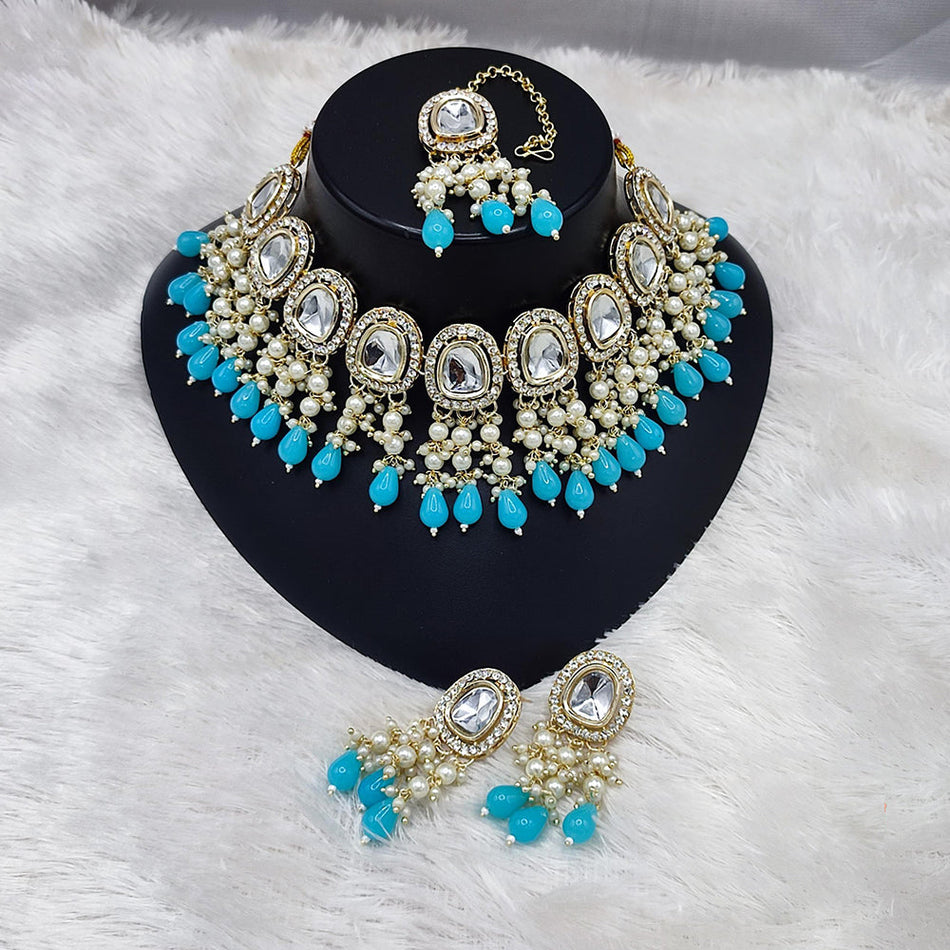 Kundan Necklace in Gold Plated with Pearl Drops | Bridal Jewellery India
