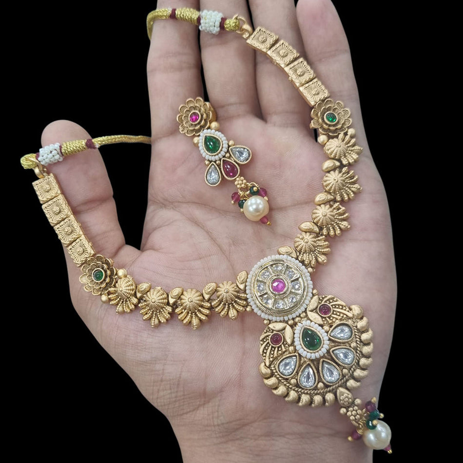 Glorious Pota Stone Necklace in Rose Gold Plated | Bridal Jewellery India
