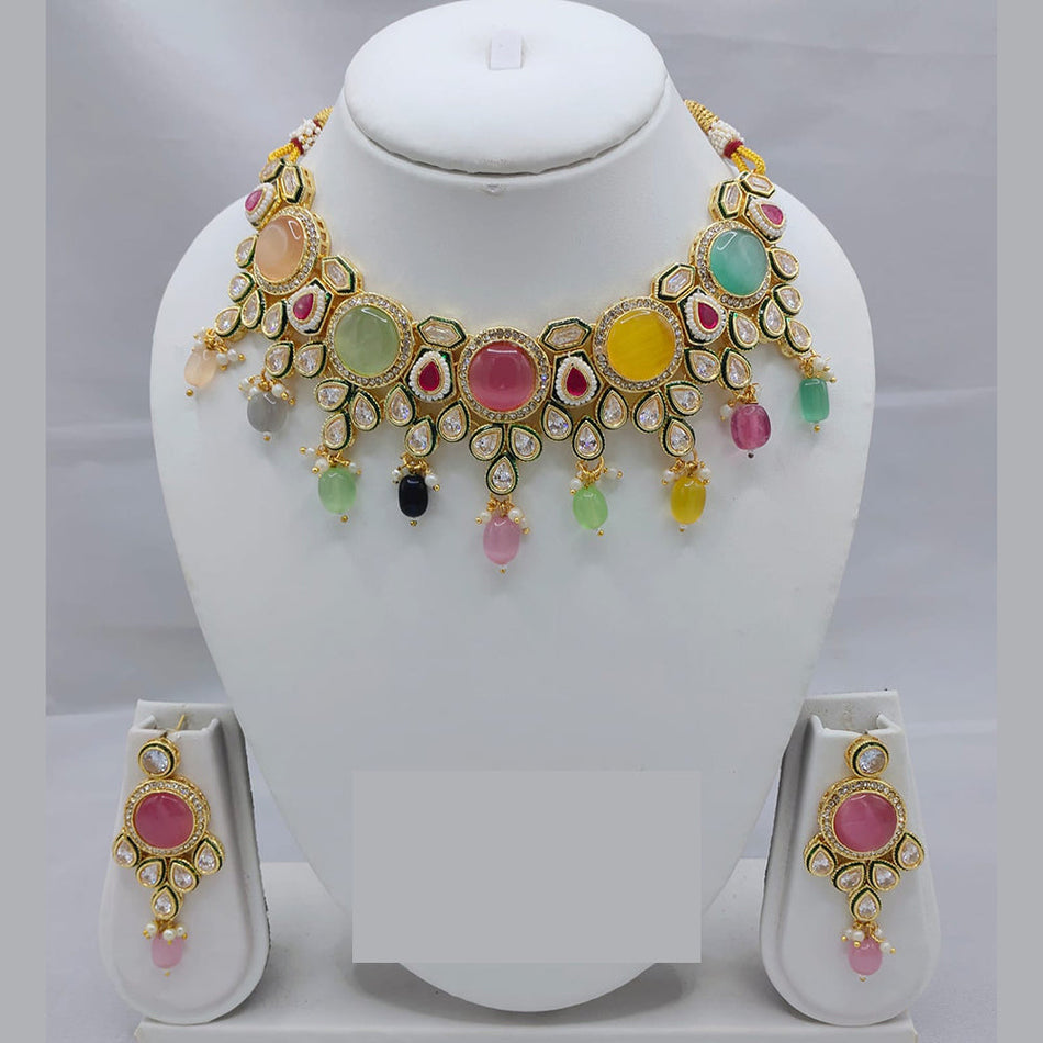 Pota Stone and Crystal Beads Necklace in Oxidised Silver | Bridal Jewellery India