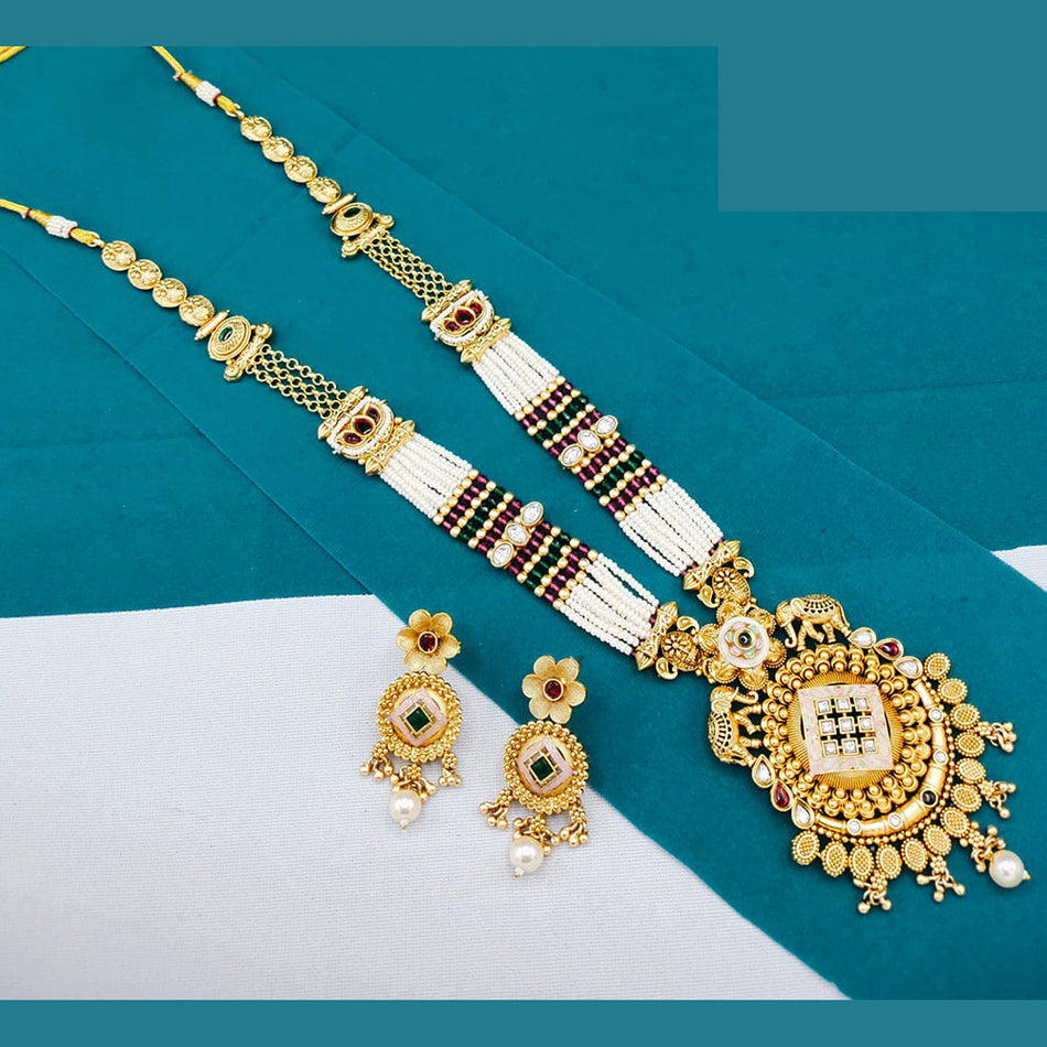 Pearl Long Necklace in Silver with Meenakari | Bridal Jewellery India