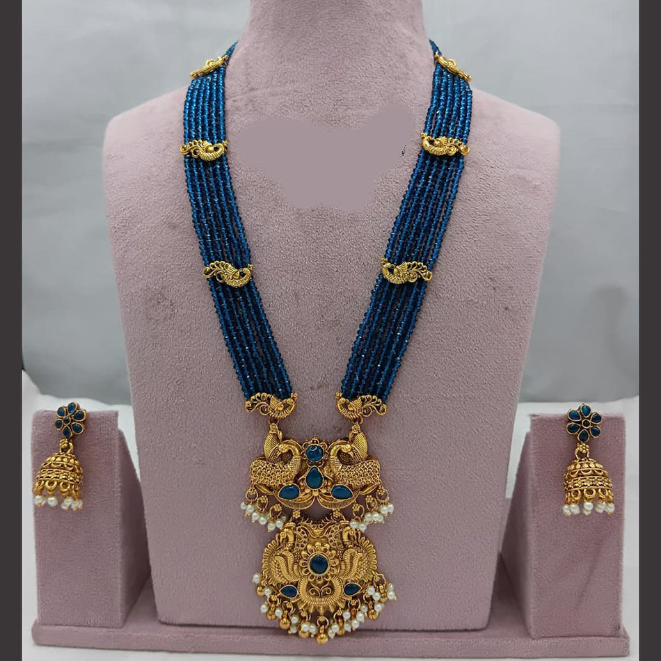 Rose Gold Plated Pota Stone Long Necklace Set | Bridal Jewellery India