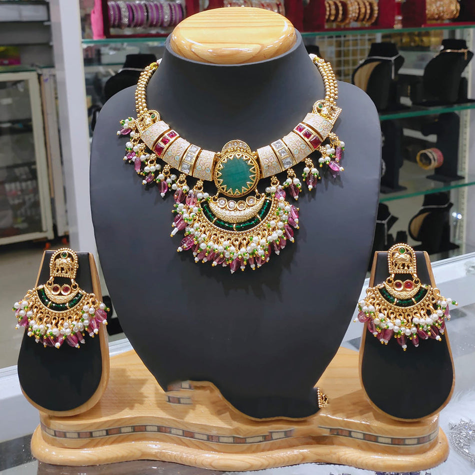 Pota Stone Pearl Necklace in Silver | Bridal Jewellery India