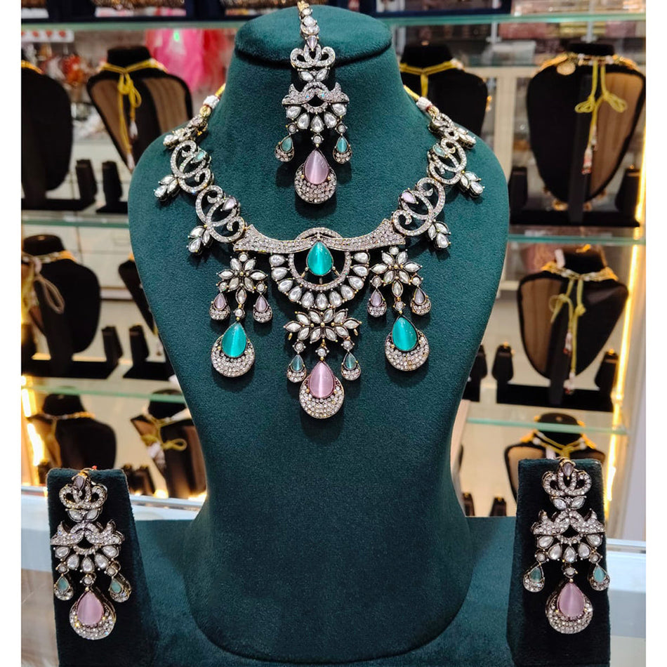 Elegant Rose Gold Plated Pota Stone Necklace | Bridal Jewellery India
