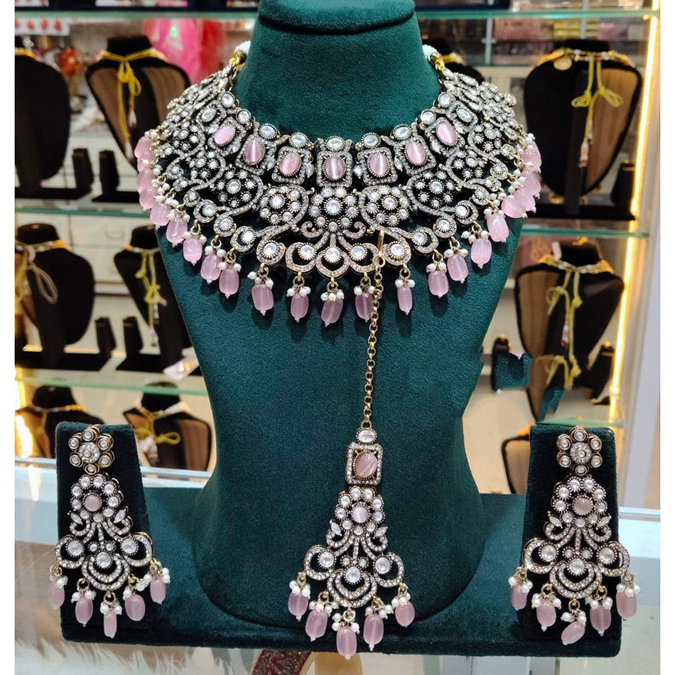 Rose Gold Plated Pota Stone Choker Necklace Set | Bridal Jewellery India