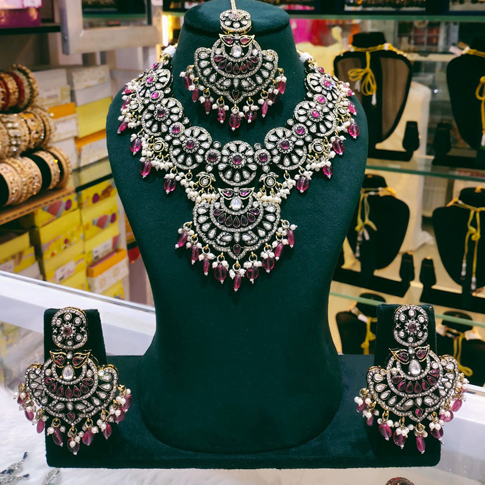 Kundan Necklace in Gold Plated with Pearl Beads | Bridal Jewellery India