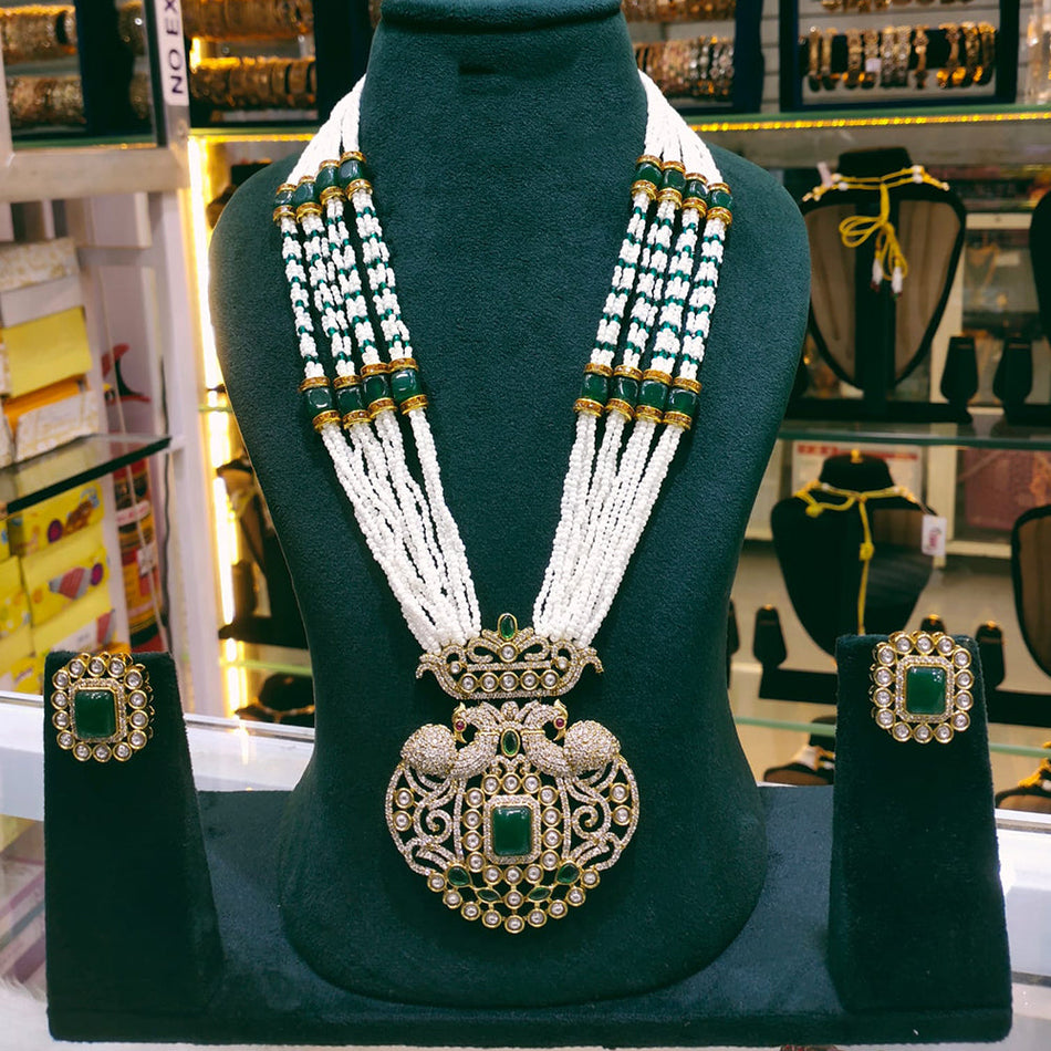 Rose Gold Plated Pota Stone Long Necklace Set | Bridal Jewellery India