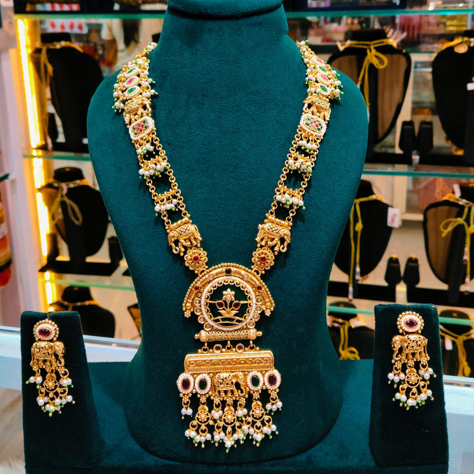 Elegant Pota Stone Long Necklace in Rose Gold Plated | Bridal Jewellery India