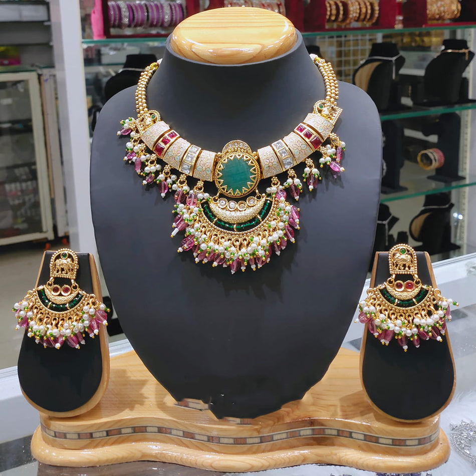 Meenakari Pearl Choker in Gold Plated with Floral   Elephant Motifs | Bridal Jewellery India