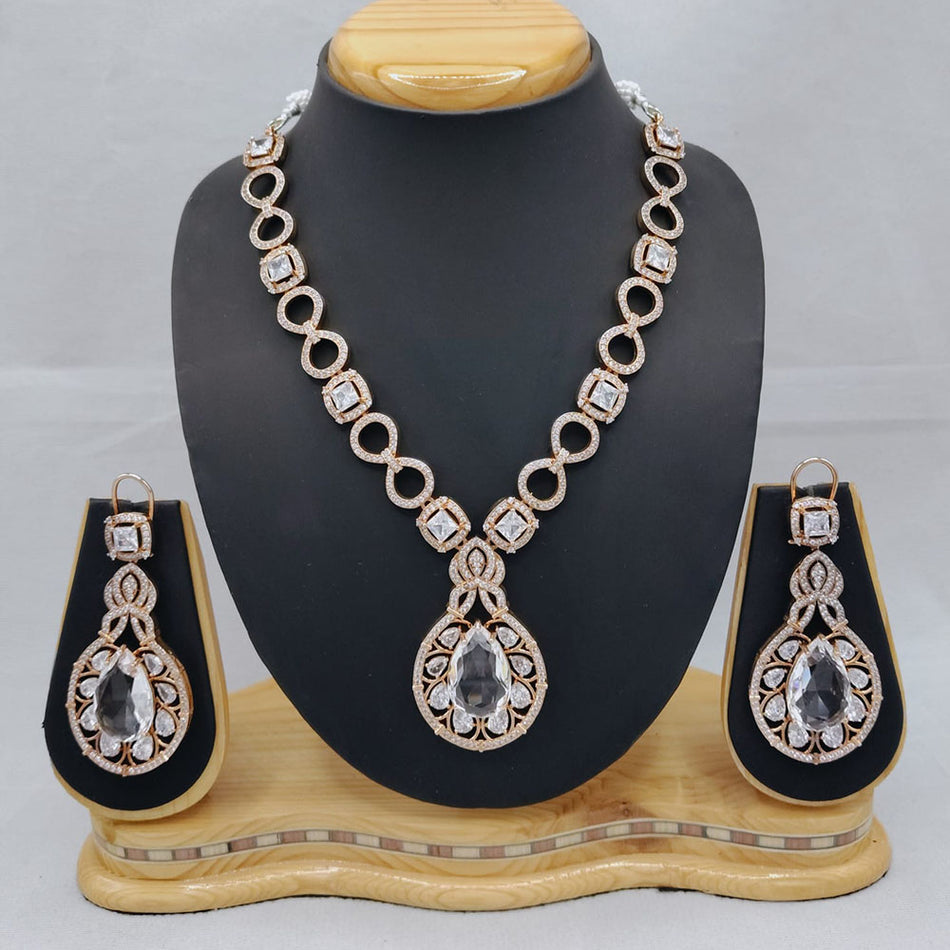 Eternia Long Necklace in Rose Gold Plated with American Diamonds | Bridal Jewellery India