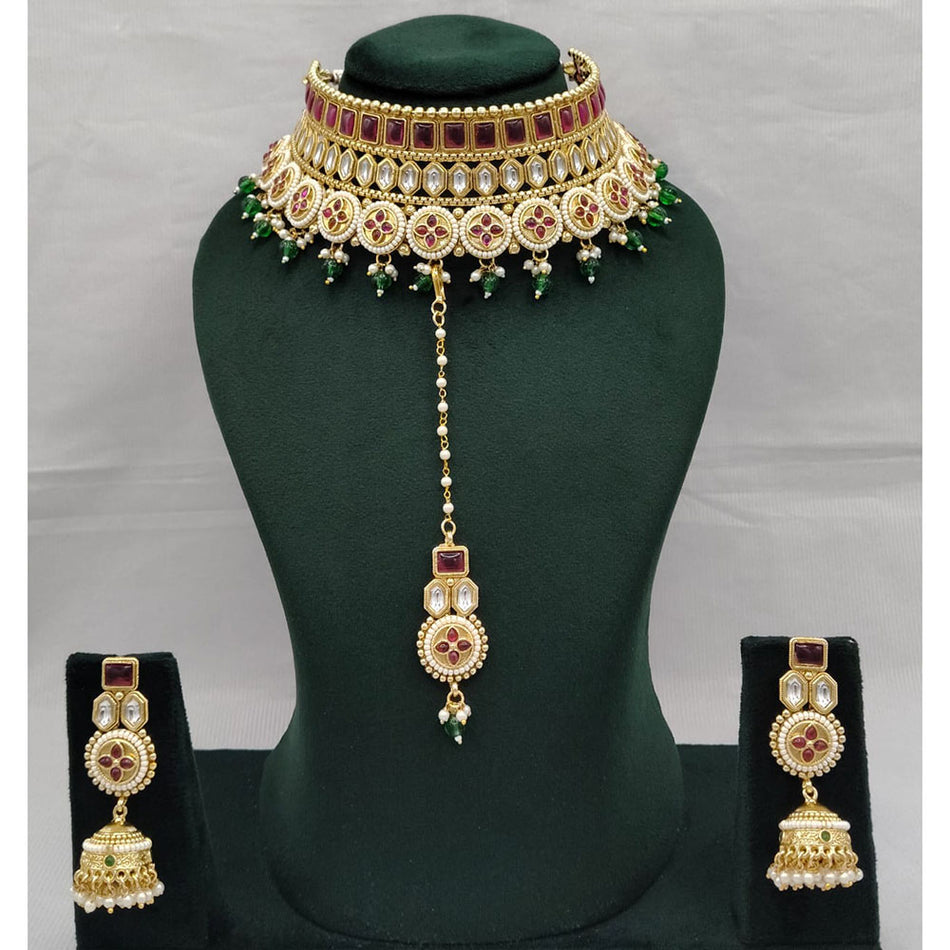 Rose Gold Plated Pota Stone Choker Necklace Set | Bridal Jewellery India