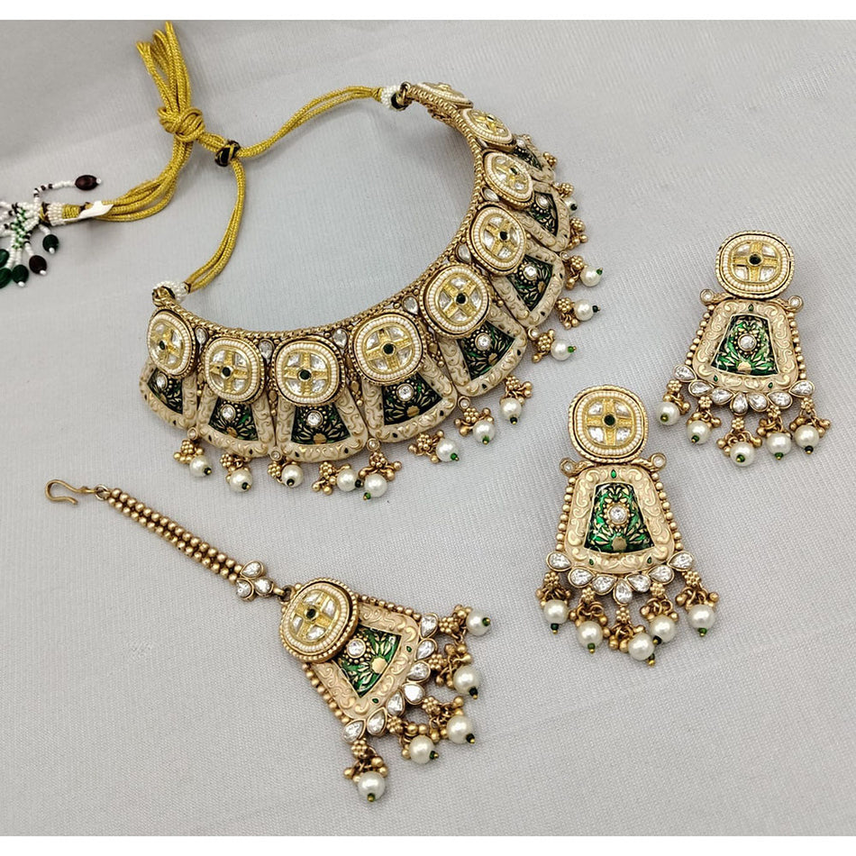 Rose Gold Plated Pota Stone Choker Necklace Set | Bridal Jewellery India