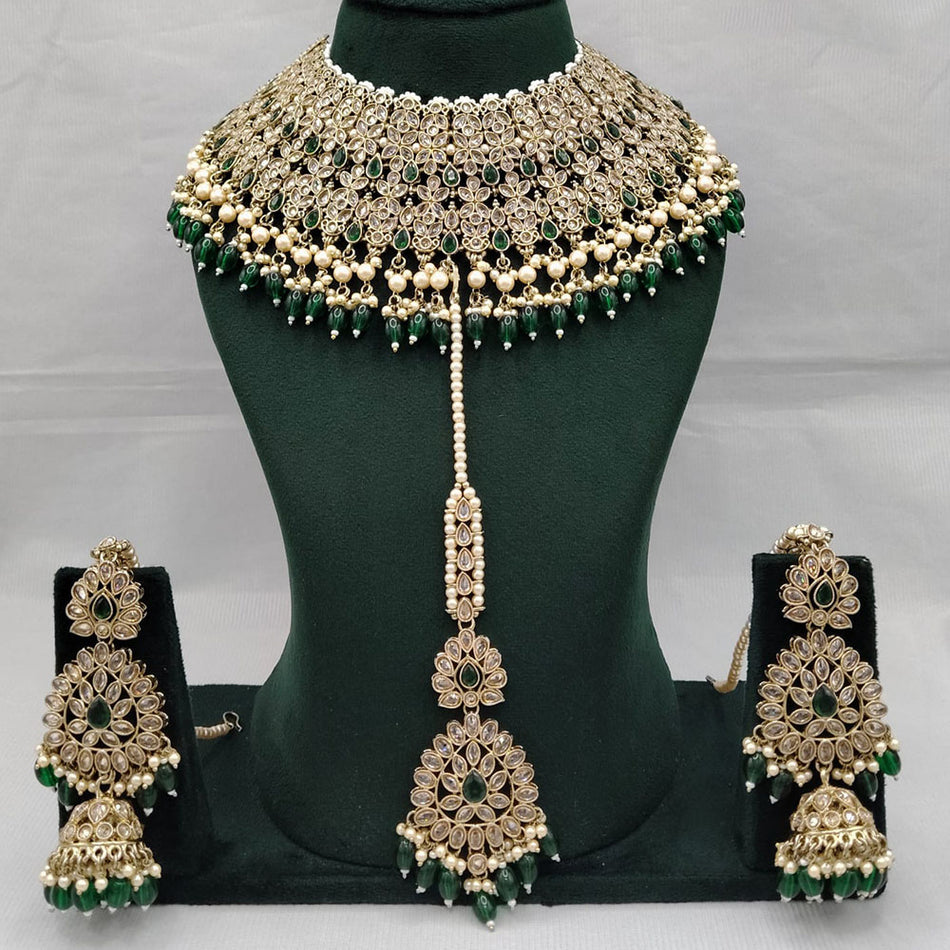 Heavy Choker Necklace in Gold Tone with Pearls   Beads | Bridal Jewellery India