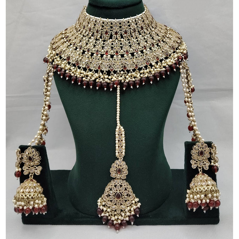 Heavy Choker Necklace in Gold Tone with Pearls   Crystals | Bridal Jewellery India