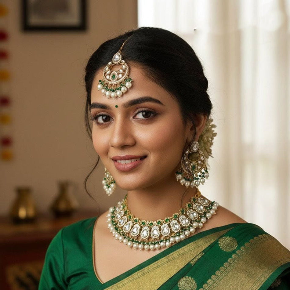 Pota Stone Necklace in Oxidised Silver | Bridal Jewellery India