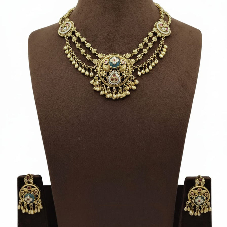 Pota Stone and Pearl Necklace in 14K Gold Plated | Bridal Jewellery India