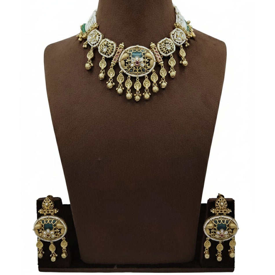 Pota Stone   Pearl Necklace in Oxidised Silver | Bridal Jewellery India