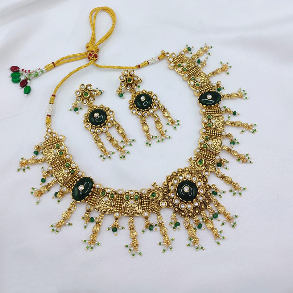 Pota Stone and Pearl Necklace in Oxidised Silver | Bridal Jewellery India