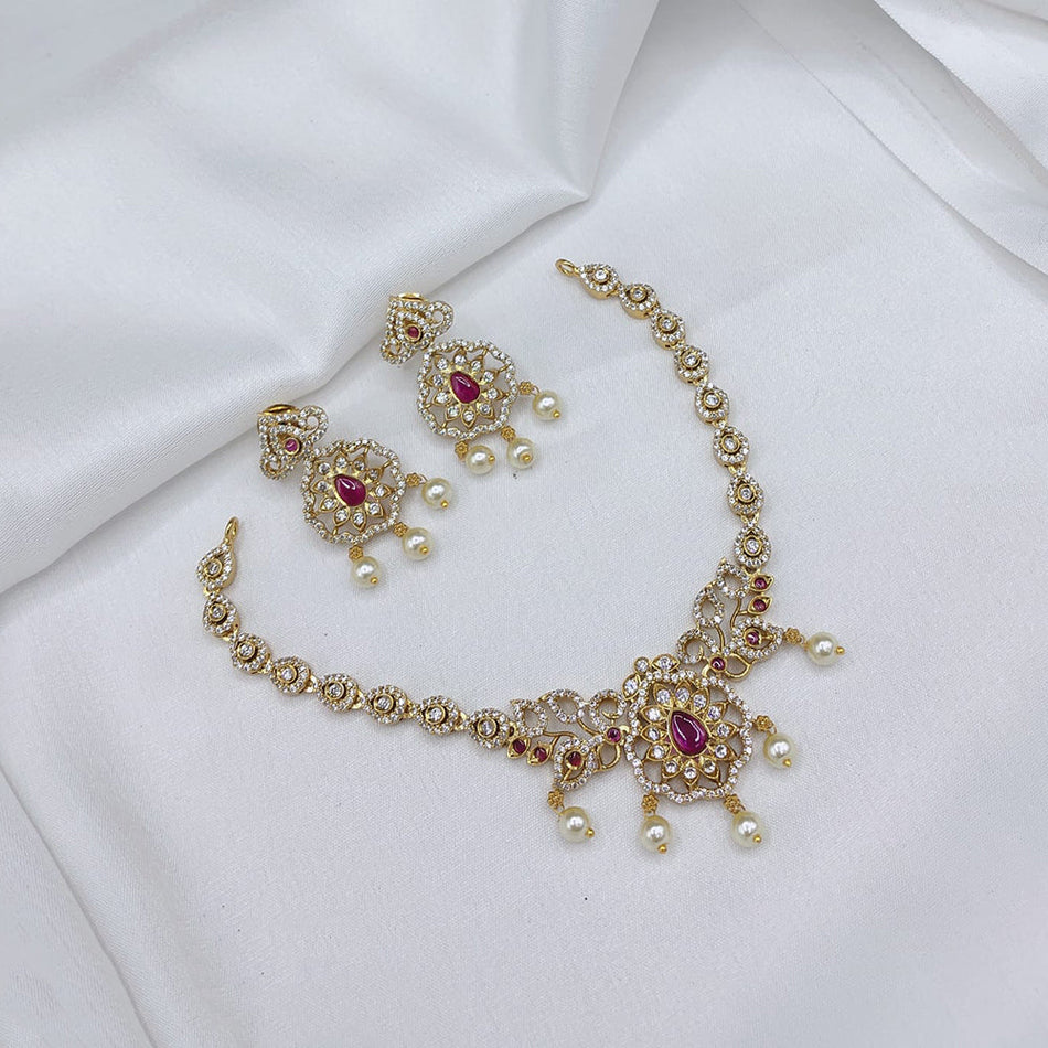 Elegant Rose Gold Plated Pota Stone Necklace Set | Bridal Jewellery India