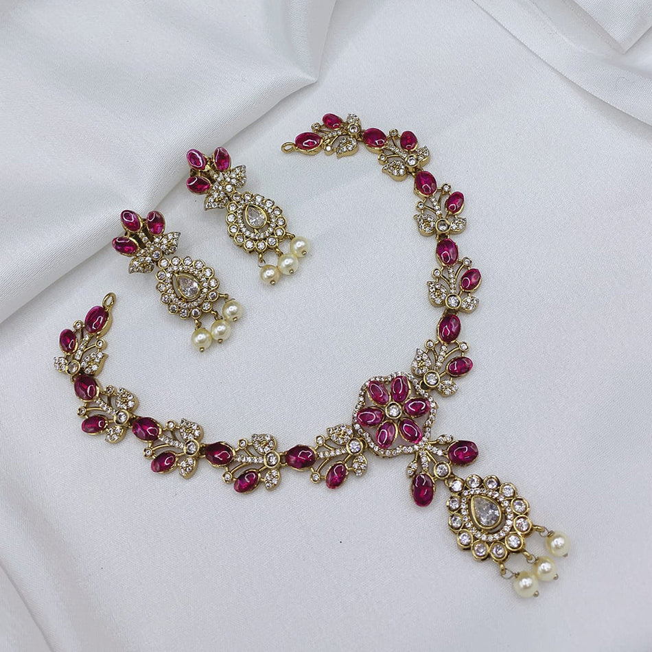 Elegant Rose Gold Plated Pota Necklace Set | Bridal Jewellery India