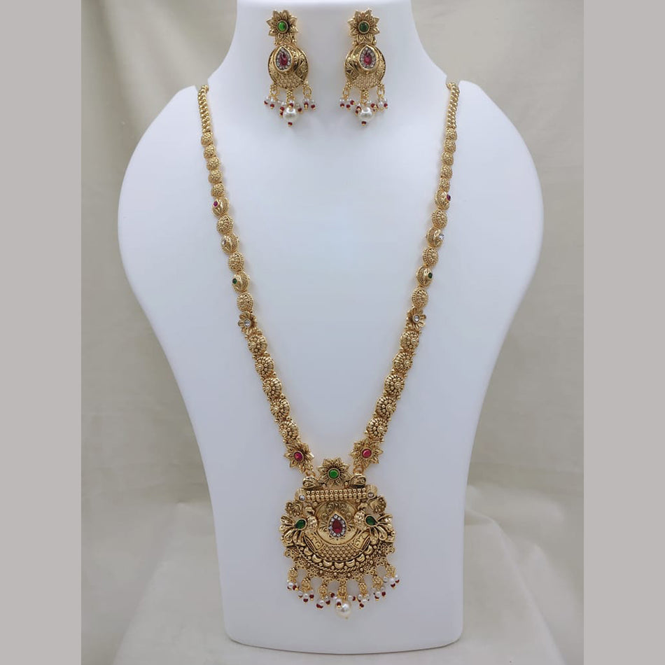 Rose Gold Plated Pota Stone Long Necklace Set | Bridal Jewellery India