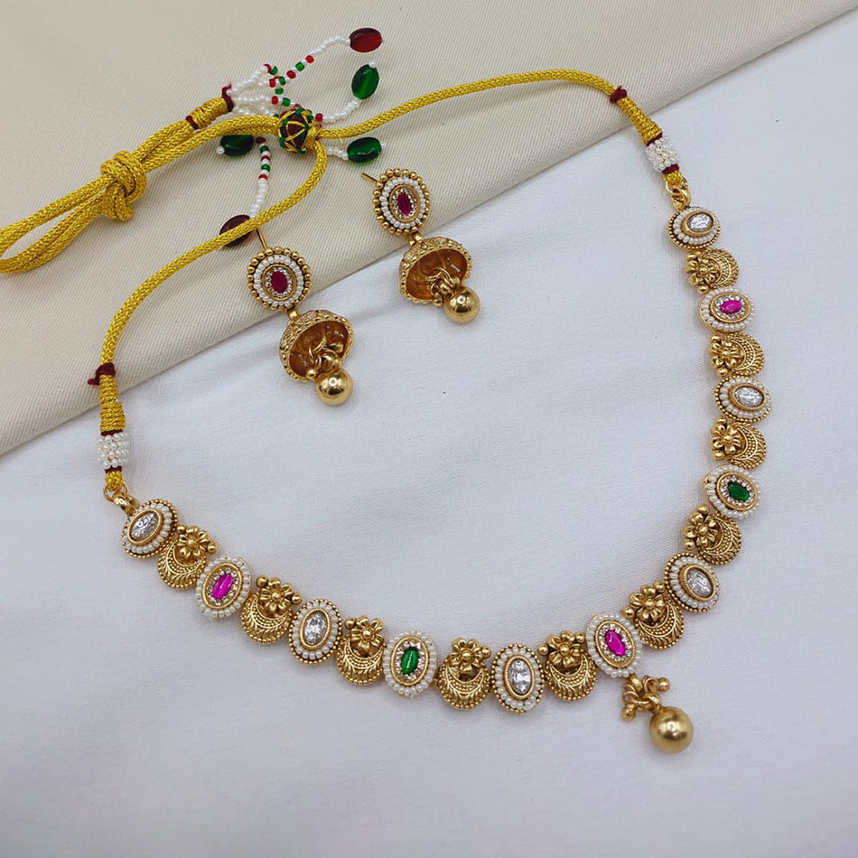 Pota Stone and Pearl Necklace in Gold Tone | Bridal Jewellery India