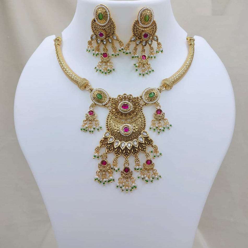 Pota Stone and Pearl Necklace in 14K Gold Plated | Bridal Jewellery India