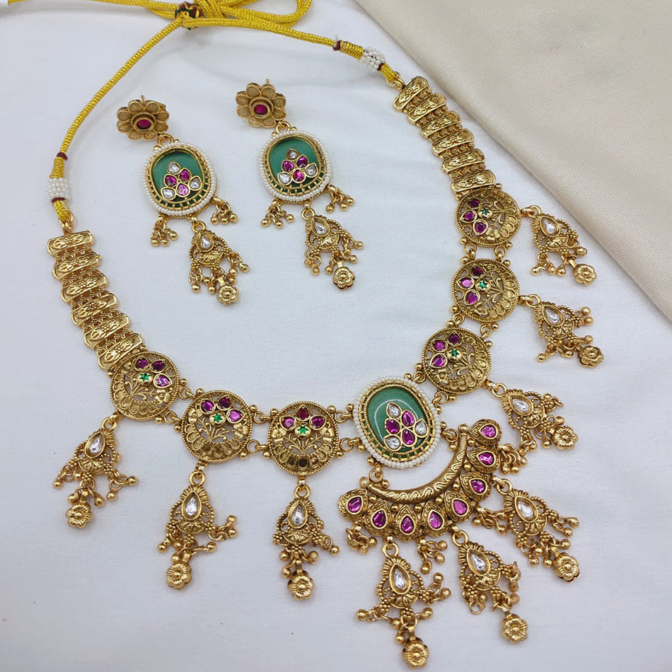 Rose Gold Plated Pota Stone Pearl Necklace Set | Bridal Jewellery India