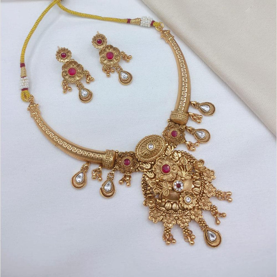 Rose Gold Plated Pota Stone Pearl Necklace Set | Bridal Jewellery India