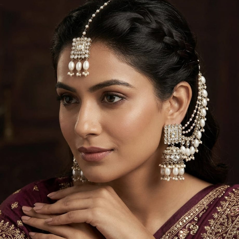 Kundan Stone and Pearl Jumka Earrings in Gold Plated for Bride | Bridal Jewellery India