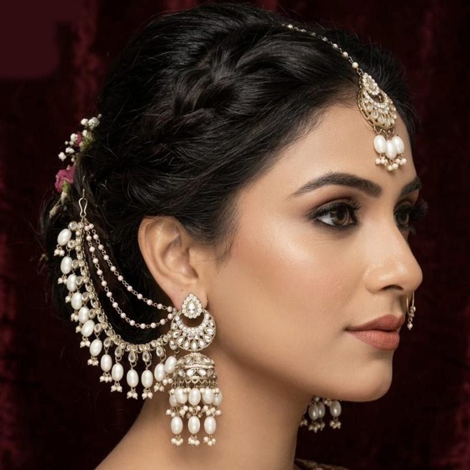 Kundan Stone and Pearl Jumkas in Gold Plated | Bridal Jewellery India