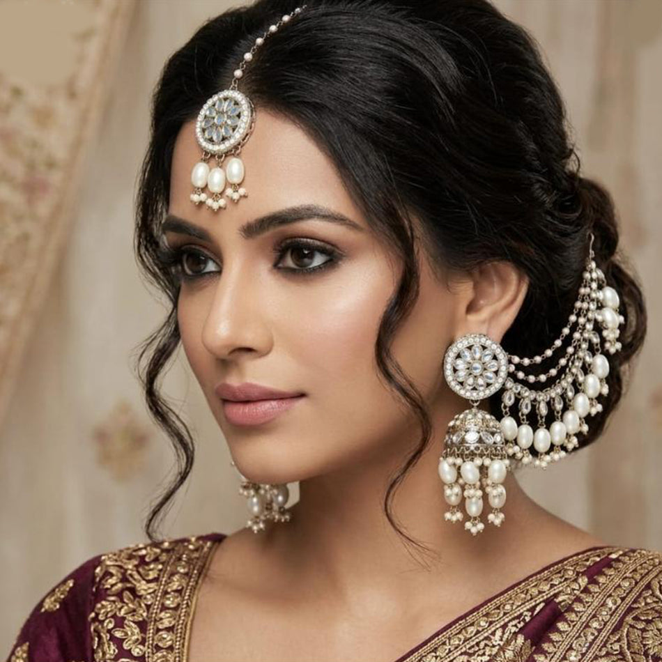 Kundan Stone Pearl Jhumki Earrings in Gold Plated | Bridal Jewellery India