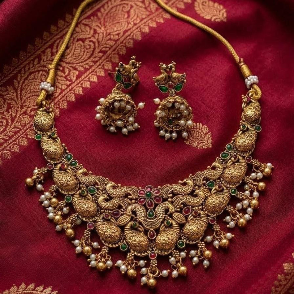 Heritage Pota Necklace in Gold Plated with Pearls | Bridal Jewellery India