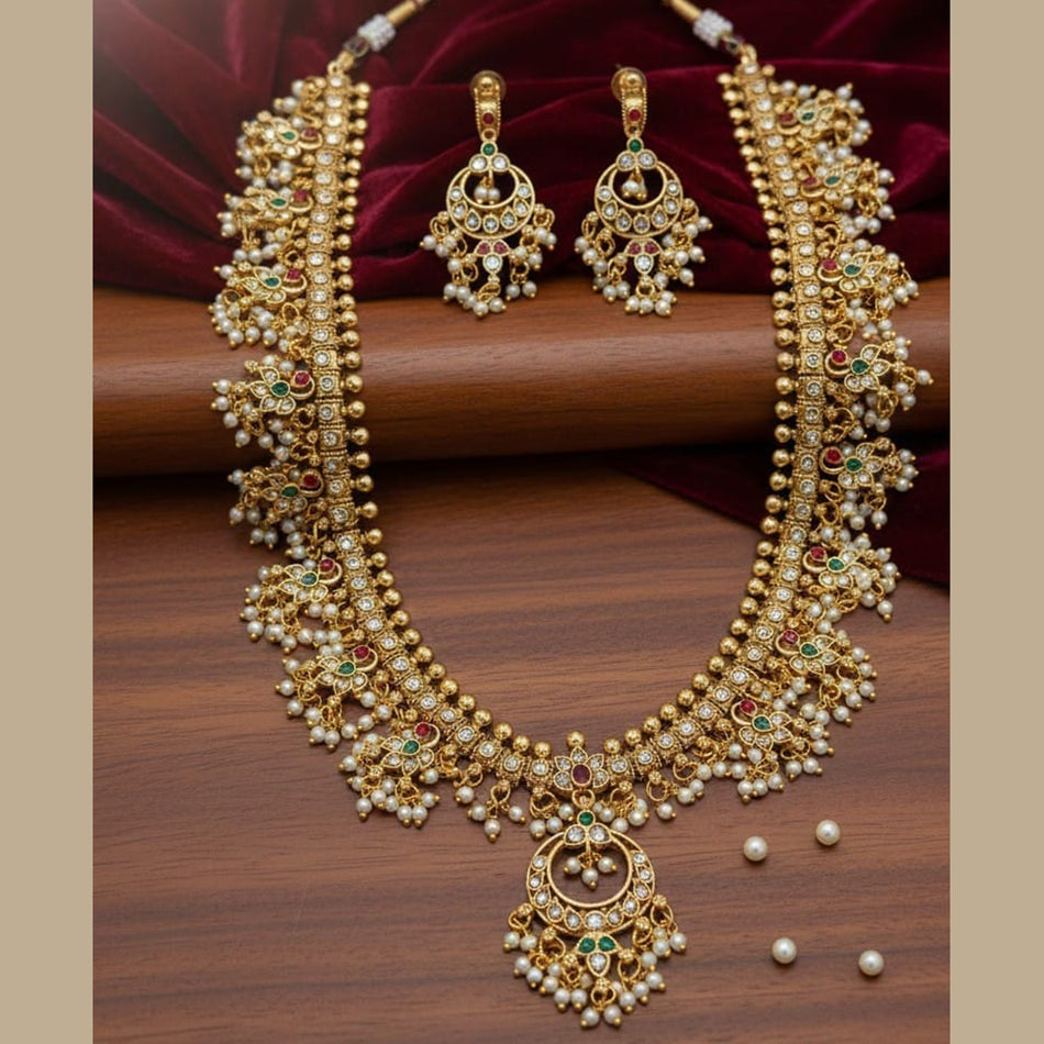 Pota Stone Pearl Necklace in Gold Tone | Bridal Jewellery India