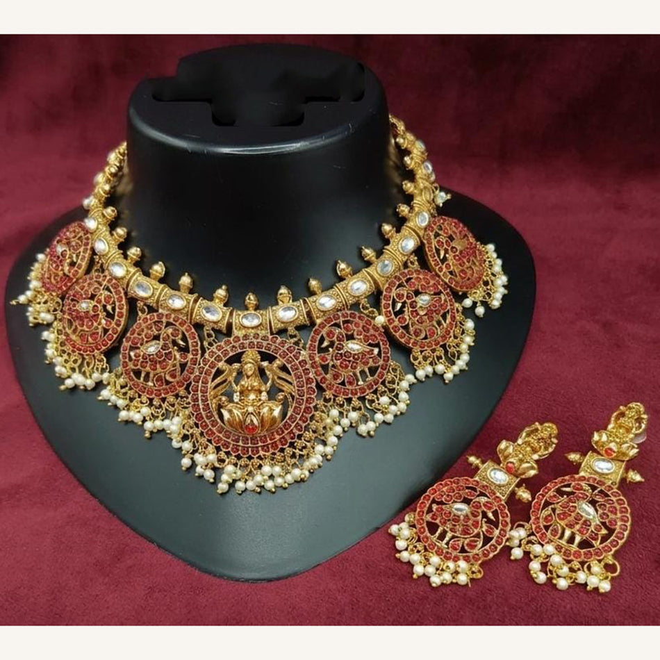 Elegant Pota Stone Temple Necklace in Gold Tone | Bridal Jewellery India