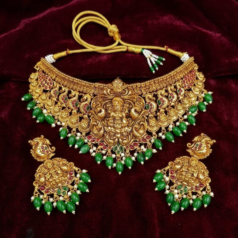 Pota Stone and Pearl Temple Necklace in 18K Gold Plated | Bridal Jewellery India