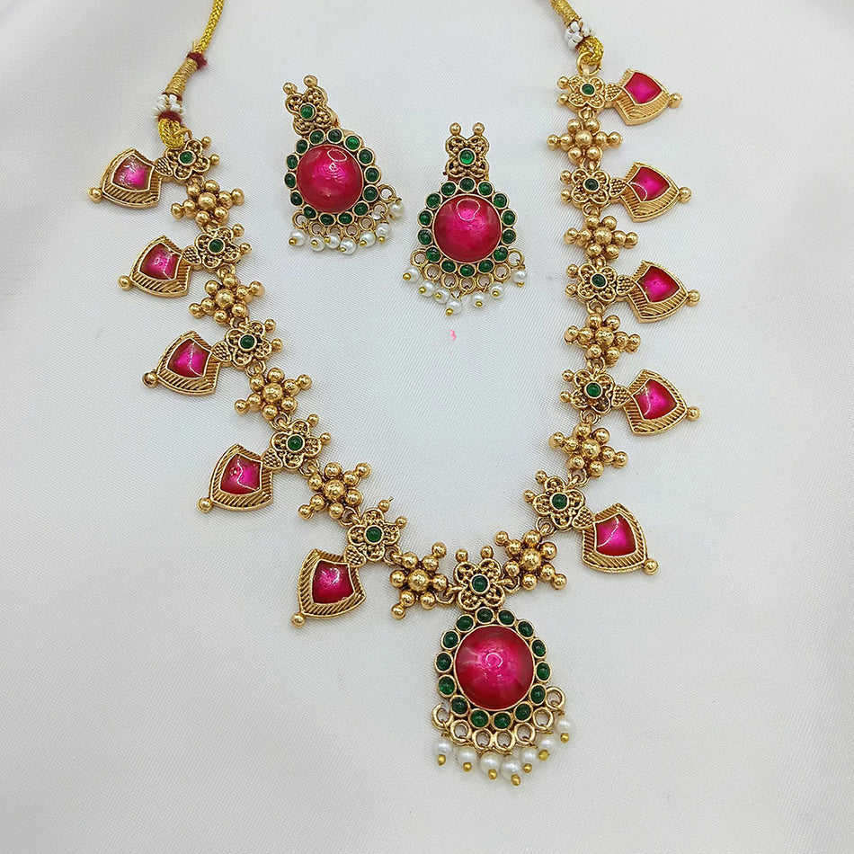 Rose Gold Plated Pota Stone and Pearl Necklace Set | Bridal Jewellery India