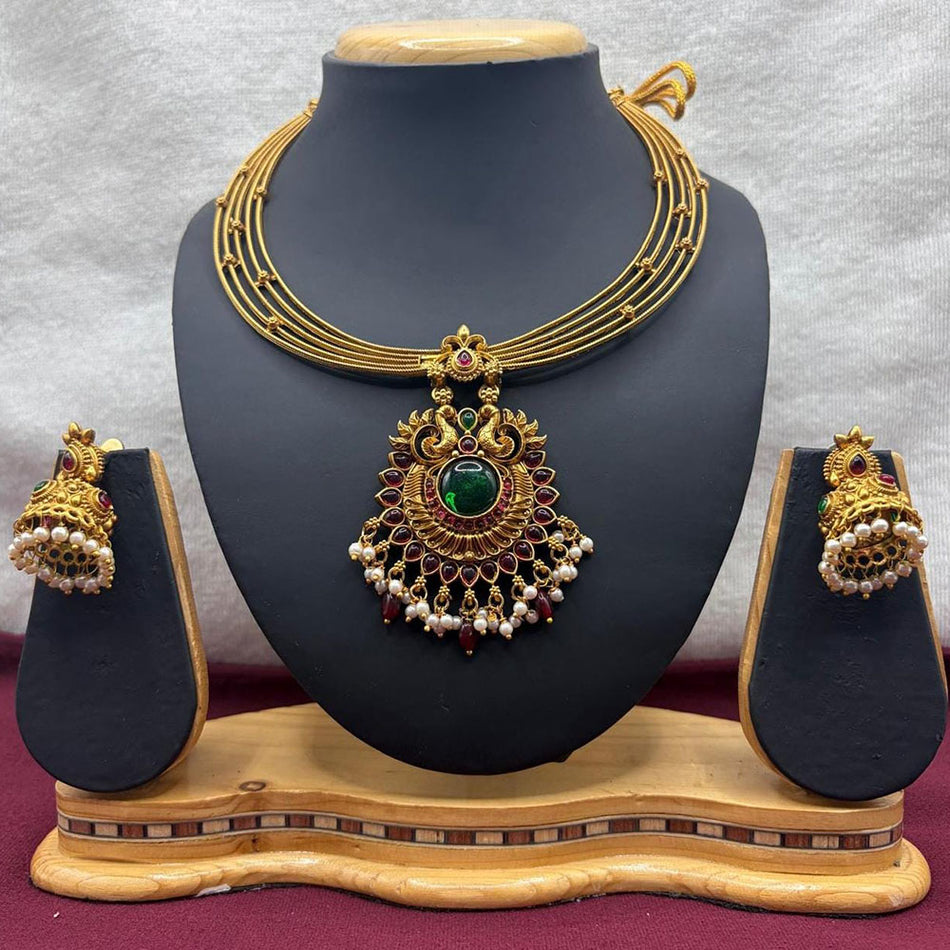 Rose Gold Plated Pota Stone Choker Necklace Set | Bridal Jewellery India