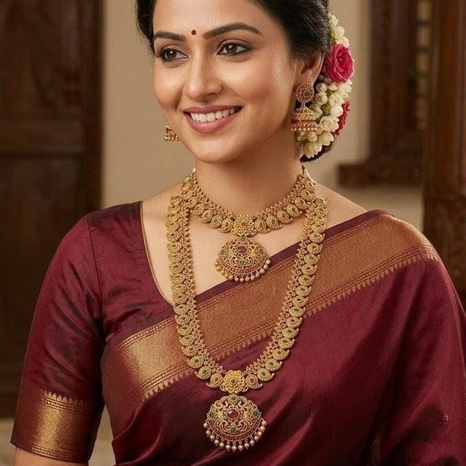 Pota Stone   Pearl Necklace in Oxidised Silver | Bridal Jewellery India