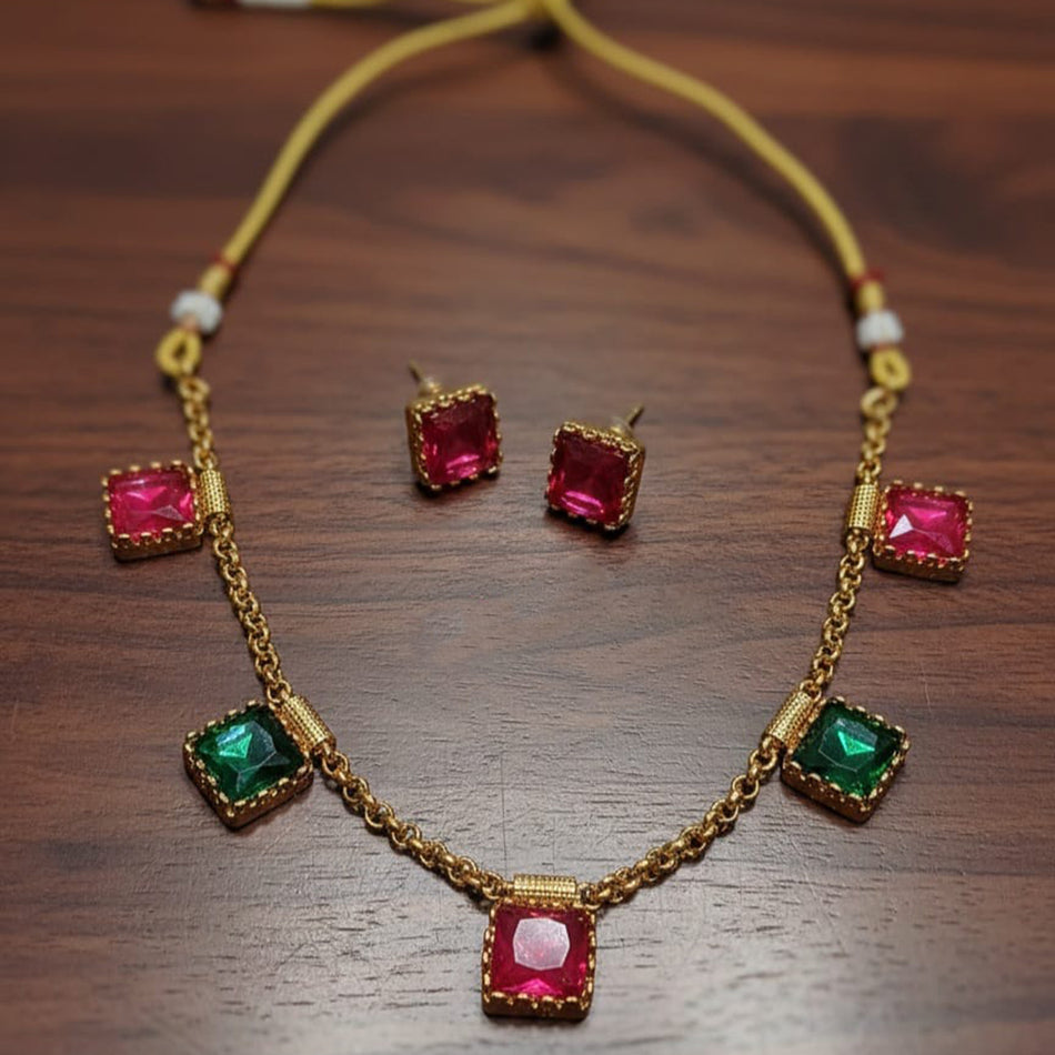 Crystal Stone Necklace in Oxidised Silver | Bridal Jewellery India