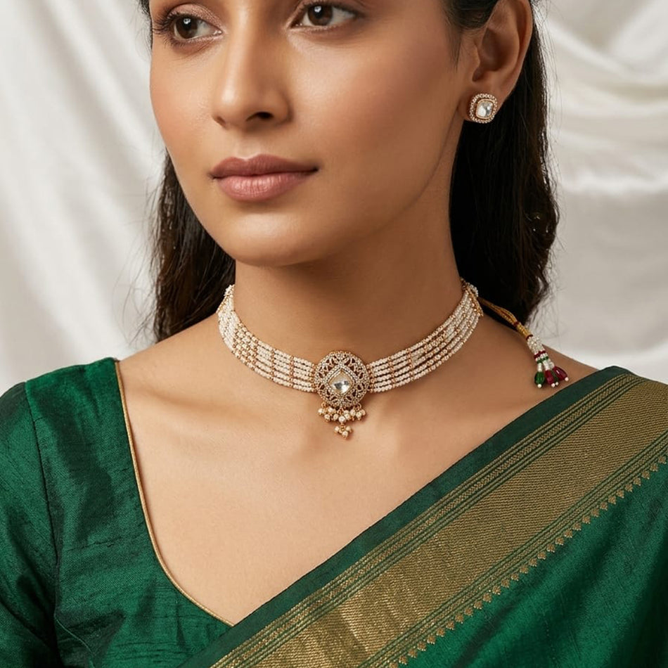 Rose Gold Plated Kora Necklace with Swarovski Crystals | Bridal Jewellery India