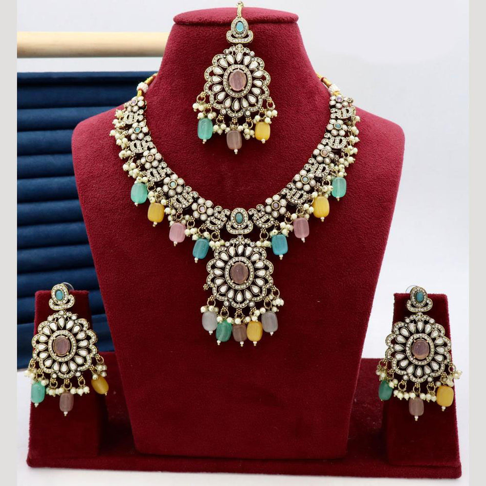 Kundan Necklace Set in Gold Plated with Maangtikka for Ethnic Wear | Bridal Jewellery India