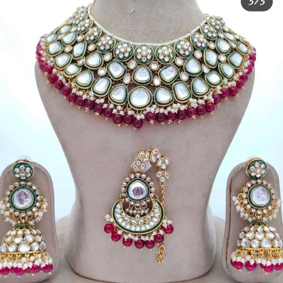 Kundan Necklace in Gold Plated with Beads and Pearls | Bridal Jewellery India