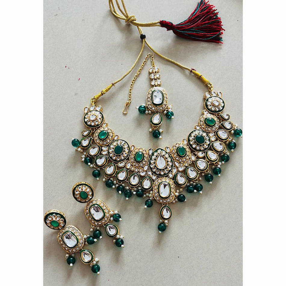 Kundan Necklace in Gold Plated with Beads   Pearls | Bridal Jewellery India