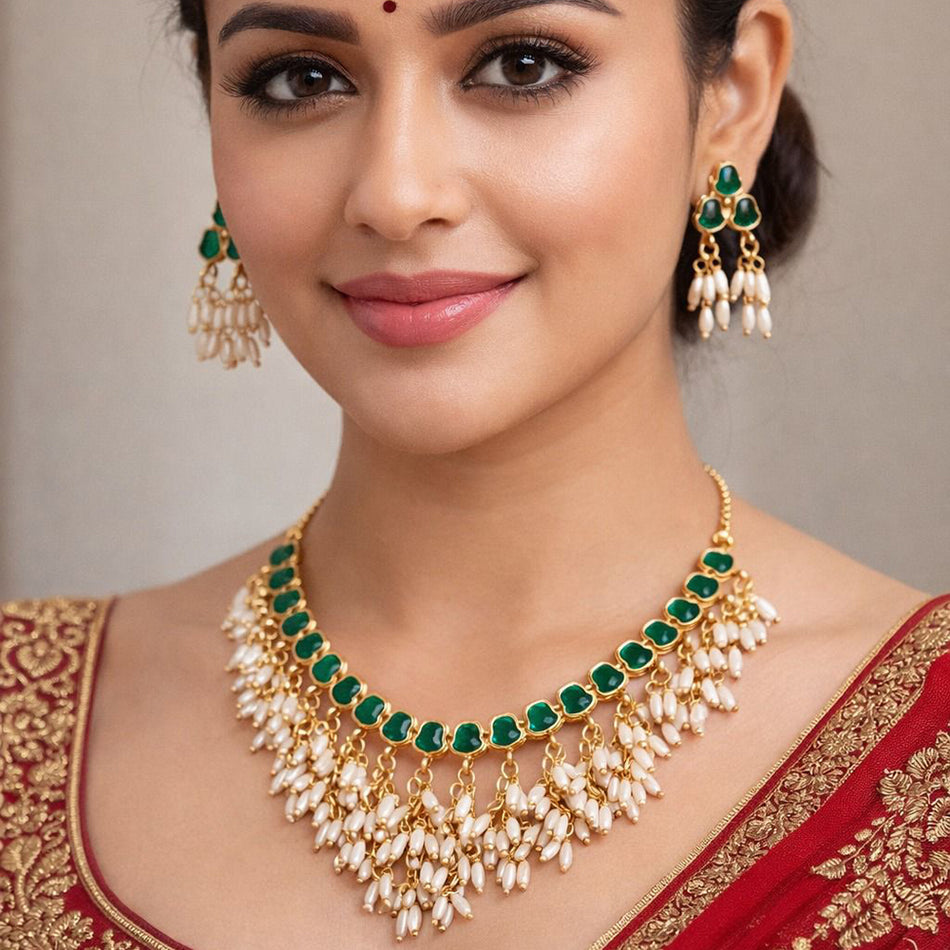 Rose Gold Plated Pota Stone Choker Necklace | Bridal Jewellery India