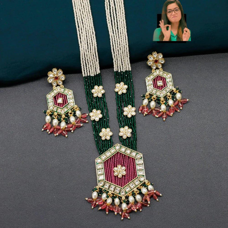 Pota Stone Long Necklace in Gold Tone | Bridal Jewellery India
