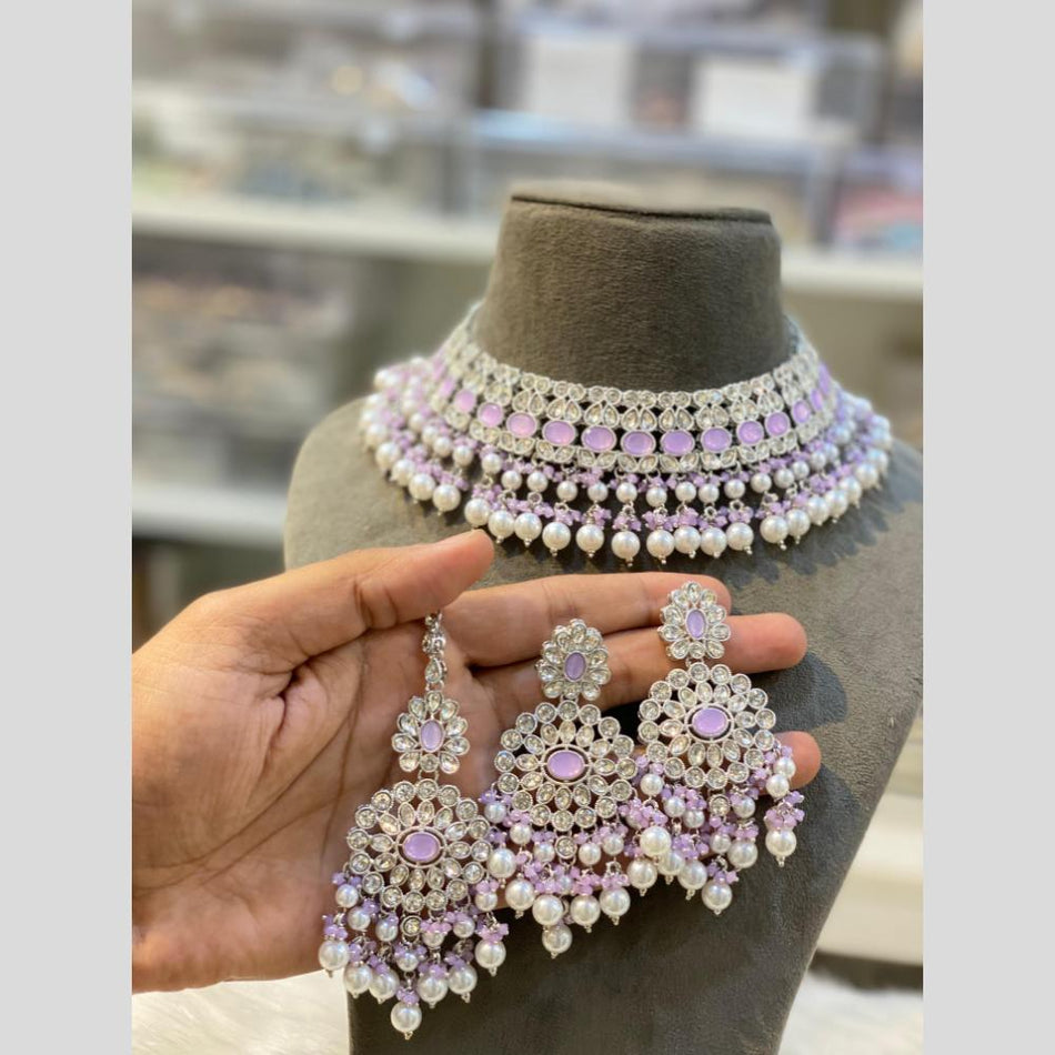 Crystal Stone   Pearls Choker in Silver | Bridal Jewellery India