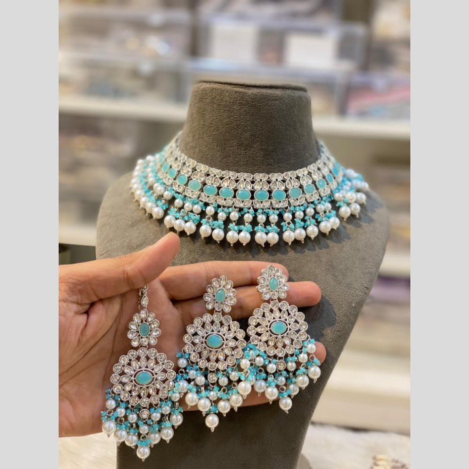 Crystal Stone Pearls Choker in Silver | Bridal Jewellery India