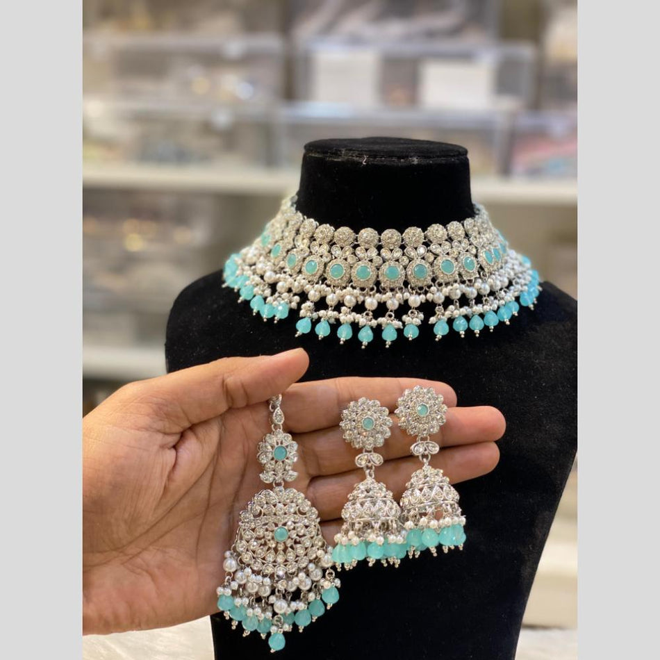 Crystal Pearls Necklace in Silver | Bridal Jewellery India